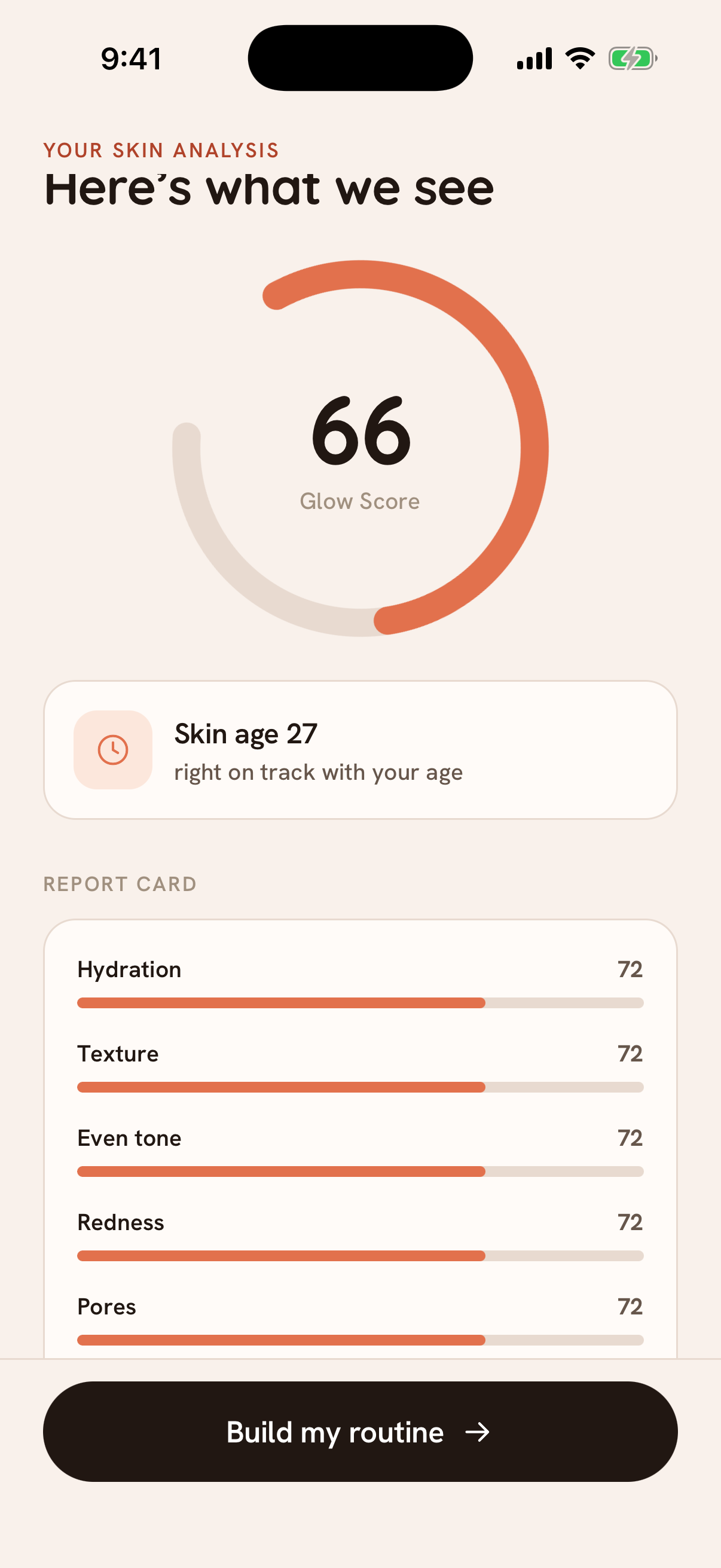 Radia skin analysis results and Glow Score